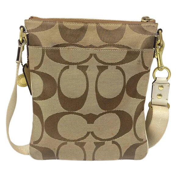 COACH Signature Stripe Solid Swing Pack 41207 Khaki Cream Jacquard Leather - Picture 3 of 9